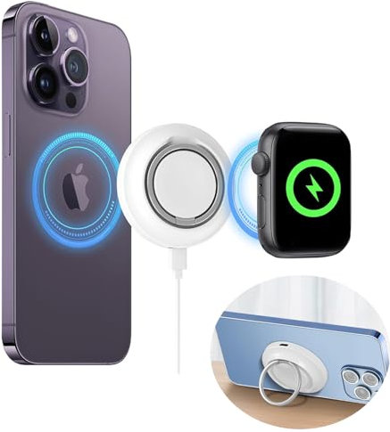 COOFINE 3 in 1 Magnetic Wireless Charger Μαg-Sαfe/Qi 15W Fast Charging Pad Phone Ring Holder Wireless Charger Compatible with iPhone 15/14/13/12, Apple Watch 9/Ultra2/8/Ultra/7/6/5/4/3/SE White