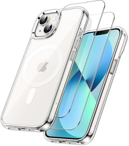 JETech Funda Magnética 3 en 1 para iPhone 13 Mini, Transparente | 2 Protectores Pantalla Cristal Vidrio Templado, Compatible con MagSafe, Carcasa Bumper Antigolpes