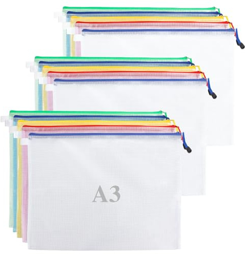 ASelected 15 Stück Dokumententasche A3, 43x31.5CMCM Mesh Dokumententaschen Reißverschlusstasche für Datei Papier Reise Schminktasche (5 Farben)