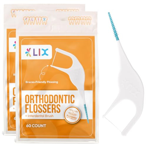 LIX Orthodontic Flossers for Braces with Interdental Brush, 120 Unflavored Floss Picks for Braces Cleaning