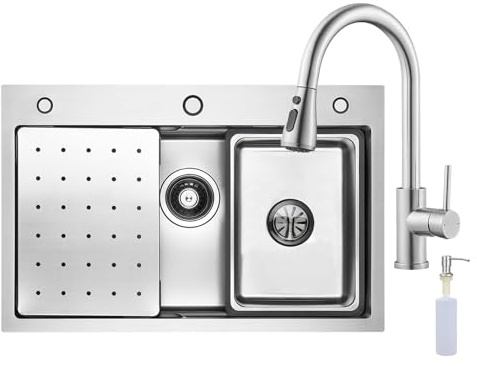 CECIPA Evier Cuisine 1 Bac 70x45 CM, Evier Inox avec Egouttoir et évier mobile et planche à découper,lavabo cuisine avec Trous pour Robinets et Distributeur de Savon, Argenté avec Robinet Douchette