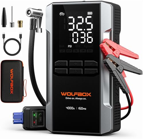 WOLFBOX 4000A Jump Starter Power Pack with 160PSI Air Compressor, 12V Car Battery Booster Jump Starter,65W Fast Charge, 24000mAh Portable Tire Inflator(10L Gas 10L Diesel Engines),LED Light,Jump Leads