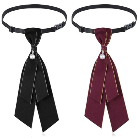 ElevateTech 2 Stück Damenkrawatte Vorgebunden Für Uniformen Mädchen Und Verstellbar Jungen Mit Schwarzer Schnalle Gummiband Denim Perlen Passend Für Schulhemden