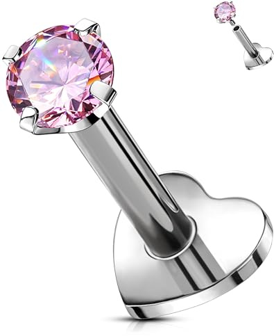 OUFER Body Piercing 16G Titan Internally Threaded Helix Tragus Conch Lip Cartilage Flat Back Studs Bars Body Piercing Jewelry 5/6/8/10/12mm Pink CZ Lippenpiercing