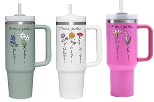 Gobelet personnalisé pour le mois de naissance avec motif floral de 1,2 l avec poignée et paille, gobelets personnalisés avec nom des enfants, tasse de voyage pour la Saint-Valentin, la fête des mères