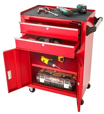 The Workplace Depot Tool Cart – Lockable Storage Workshop Cabinet with Anti-Slip Mat & Heavy-Duty Red Powder-Coated Steel – Ideal for Offices, Garages & Workshops