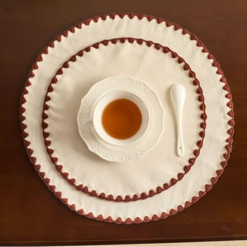 Napperon rond avec bords brodés - En coton et lin résistant à la chaleur - Couleur unie - Pour intérieur, cuisine, extérieur, goûter (café, rond, 30 x 30 cm)