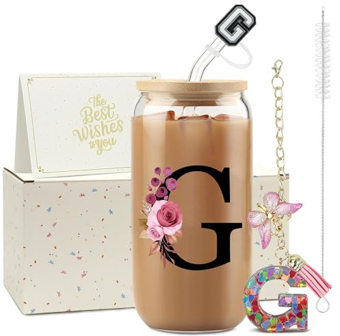 ZIOSINM A-Z Lettera Regalo Donne Compleanno Bicchiere Con Cannuccia | 500 ml Tazza Personalizzata con Cannuccia, Coperchio e Portachiavi, Idee Regalo Compleanno Donna Amica Sorella