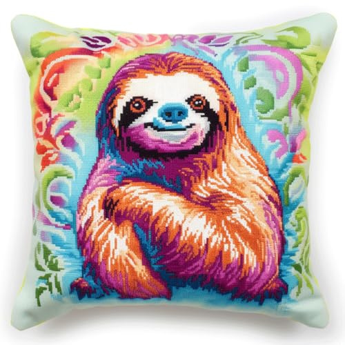 Taxpy Latch Hook Kits, Animal Sloth Pillow Cover DIY Crochet Hook Cushion Rug Making Kits with Printed Pattern Canvas Needlework Hooking Adorment 43x43cm