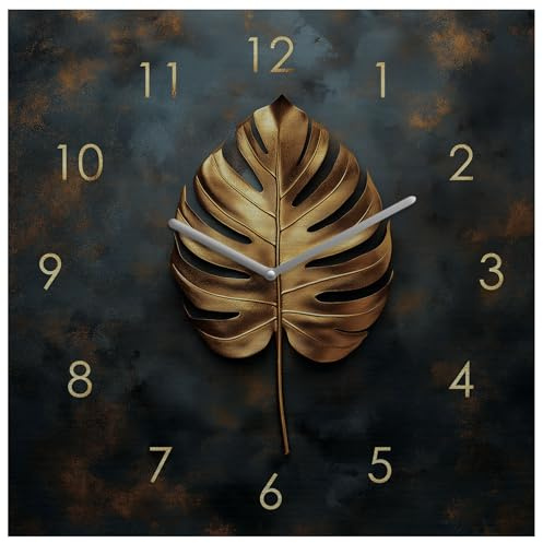 levandeo Wanduhr Metall 30x30cm Schwarz Gold Wanddeko Monstera Blatt Edel Design Metalluhr Moderne Deko Wandkunst