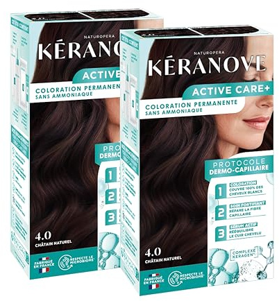 KERANOVE - Coloration Permanente Dermo-Capillaire Sans Ammoniaque - Odeur douce - Kératine végétale et Prébiotiques - 4.0 Châtain Naturel - x2
