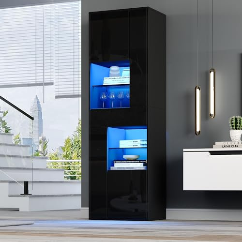 Merax Vitrinenschrank Vitrine Schrank mit LED-Beleuchtung, Hochschrank mit Schublade, Schränken, Offene Glasböden, Sammlervitrine Bücherregal Standvitrine für Wohnzimmer Büro, Hochglanz Schwarz, 170cm