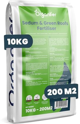 Dünger für Sedum und Dachbegrünung - 10 kg = 200 m2 - Langzeitdünger für Sedumdächer - Kräftiges Wachstum - Vorbeugung von kahlen Stellen - Mit Magnesium - NPK 9-2-7 - Organifer