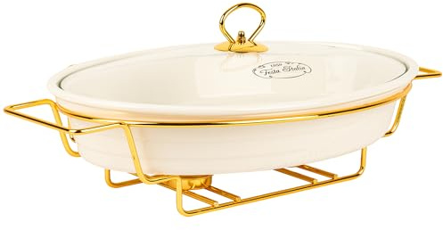 FESTA ITALIA Auflaufform Keramik mit Deckel - 2.1L - Lasagne Oval Form Groß - Weiss Auflaufformen mit Ständer Tealight - Ofenform - Backform - Lasagneform - Casserole Dish - Großkeramik