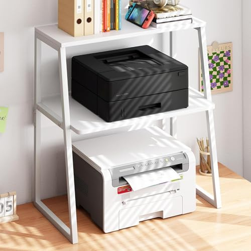 3 Tier Printer Stand, Printer Table, Under Desk Printer Stand, Desktop Printer Stand Holder, Multi-Purpose Desk Organizer Storage Shelf, Printer Shelf for Fax Machine Scanner Microwave Oven (White)