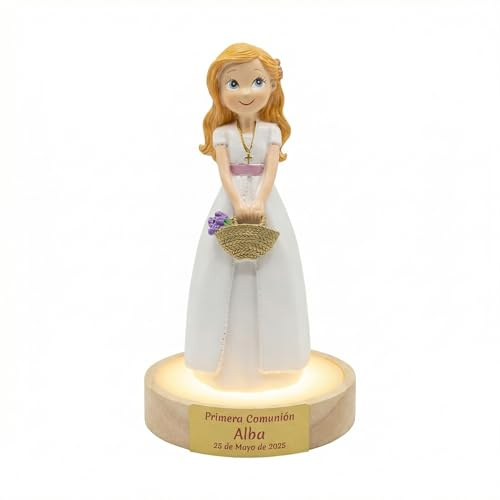 Figura Niña para Pastel de Comunión Personalizada, 15,5 cm. NIÑA RUBIA Fabricada en Poliresina y diseñada para decorar pasteles de Comunión (Con Peana Iluminada)