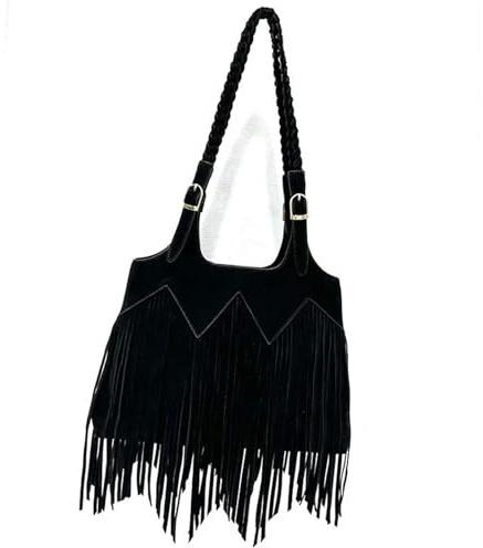 Zymjzbetic Fransväska, retro tofs, crossbody-väska för kvinnor, enfärgad, med dragkedja, stor avslappnad mångsidig messengerväska för kvinnor, svart, Taille unique