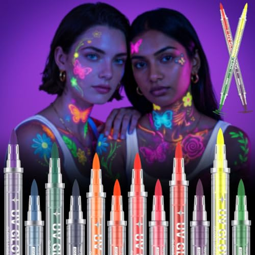 HOTUT Pintura De Cara De Neón Brillante UV,6 Lápices de Tatuaje de Color Neón,12 Colores Pintura Cara Niños para Rostro y Cuerpo para Mardi Gras,Fiesta de Disfraces,Halloween,Fiestas