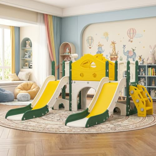 7 in 1 Grande Scivolo interno ed esterno per Bambini,Doppio sciacquo | telaio da arrampicata per giardino, telescopi, tunnel, spazio di archiviazione,area di gioco interna ed esterna