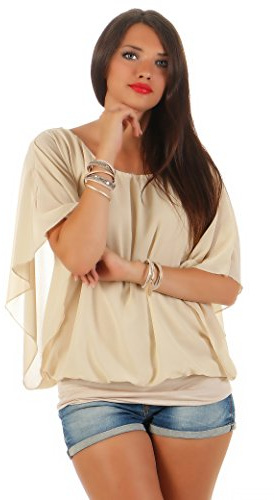 Cleostyle CL 2400 - Blusa de gasa para mujer, para verano, con cuello carmen, elegante beige Tallaúnica