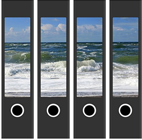 Ordneretiketten | 4 Aufkleber für breite Akten-Ordner | Nordsee-Wellen | selbstklebende Design Akten-Etiketten | Deko Sticker für Rückenschilder Ordnerrücken | zum Beschreiben