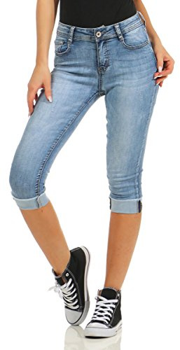 Fashion4Young 5978 Damen Capri Jeans Bermudas Shorts Kurze Hose Caprijeans High-Waist (Blau, XXL=44)