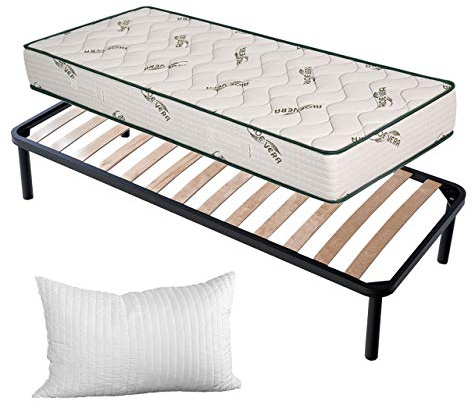 EvergreenWeb Sängset med ribbotten + madrass, 80 x 195 cm + 4 minneskuddar gratis, ortopedisk, hårdhet H2/H3 med Aloe Vera-överdrag med massageeffekt, förstärkt sängram, 4 avtagbara fötter