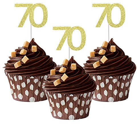 Sumerk 24PCS 70 Cupcake toppers Gold Glitter 70th Birthday Cupcake Picks Anniversary Party Decorations