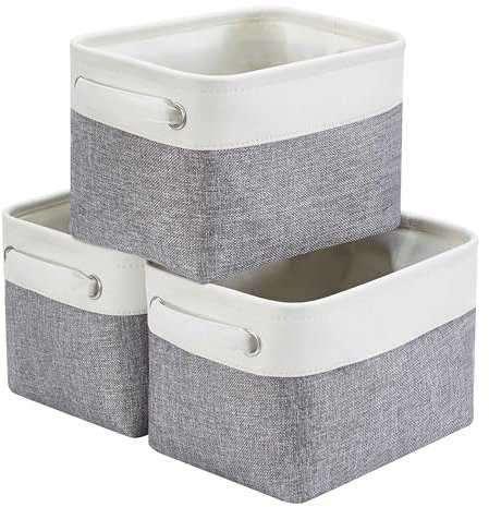 Mangata Kleine Canvas-Aufbewahrungsbox, Stoff-Aufbewahrungskorb mit Griffen für Schränke, Regale, Kleidung, Spielzeug (3 Stück, faltbar, grau-weiß)
