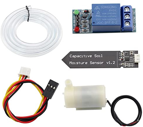 Heevhas Irrigazione automatica Sistema di irrigazione del kit fai-da-te, Modulo relè 1 canale 5V + Sensore capacitivo di umidità del suolo + Mini Pompa Acqua Orizzontale + Tubo in PVC da 1M