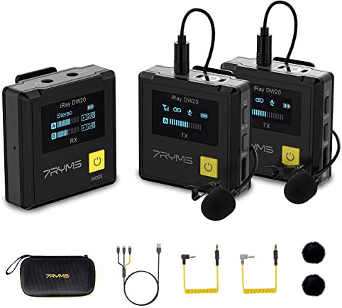 7RYMS iRAY DW20 Lavalier Wireless Mikrofon, 9H Akkulaufzeit, 100m Reichweite, Digitaler/Analogausgang, Ansteckmikrofon Kabellos für Kamera/Handy/iPhone/PC/Vlog/Podcast/YouTube/TikTok Live-Steaming