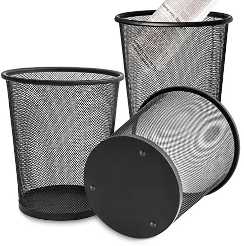 3 Pack Mesh Waste Paper Bin 12 Litres, Metal Wire Waste Basket Lightweight Circular Trash Bin for Home Office Garbage Can Bin - 260mm x 235mm x 190mm