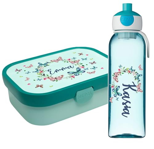 Ferocity Lunchbox Set für Kinder Mädchen zur Schule Personalisiert mit Namen Brotdose Wasserflasche Trinkflasche BPA frei Essen für Unterwegs mit Gabel und Bento Fach To Go Butterflies [153]