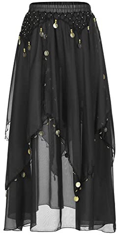 JEATHA Damen Pailletten Bauchtanz Rock Tanzrock mit Perlen Chiffonrock Tüllrock Indischer Tanz Rock Maxirock Tanzkostüm Bauchtanz Kostüm Schwarz Einheitsgröße
