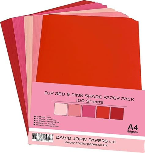 DJP 80GM röd & rosa nyansfärgat papper paket – 5 färger, 100 ark – 20 varje färg