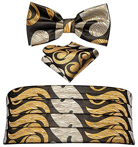 RWRAPS Goldfarbener Kummerbund für Herren, Schwarze Fliege, Seide, Blumenmuster, Set, Einstecktuch, Manschettenknopf, formell für Smoking-Anzug (Farbe: A, Größe: Einheitsgröße) (Gold Einheitsgröße)