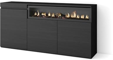 Skraut Home | Aparadores para salón | Gran Capacidad de almacenaje | 150x75x35cm | 3 Puertas | Chimenea eléctrica | Estilo Moderno | Negro