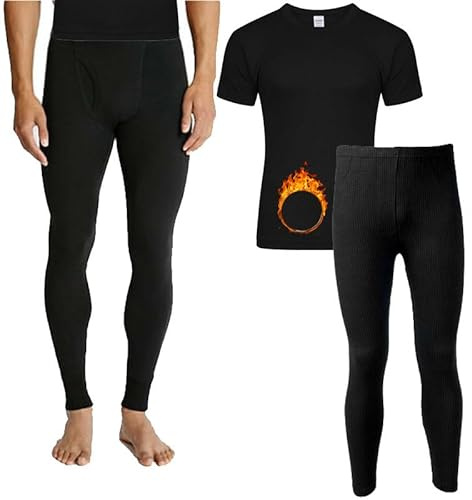 Men's Thermal Underwear Set, Top Bottom Long Johns Warm Base layer Thermal Set Vests Trousers for Cold Winter Wear and Skiing Running Workout (Black Short-Sleeve Set, M)