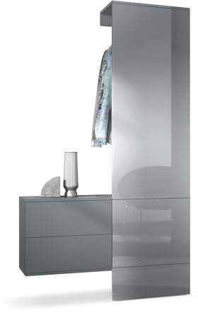 Vladon Garderobe Carlton Set 2, Made in Germany, Wandgarderobe aus Deko-Paneel & hängender Schubladen-Kommode, Anthrazit matt/Grau Hochglanz (105 x 193 x 35 cm)