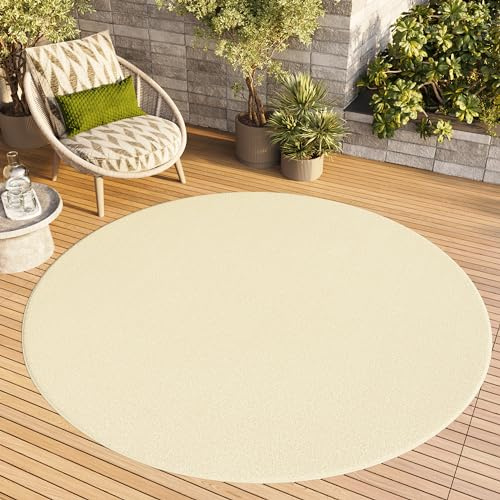 TAPISO Mono Rund Teppich Kurzflor Creme Indoor Outdoor 240 x 240 cm | UV-beständig Einfarbig Wohnzimmer Schlafzimmer Kinderzimmer Modern Design OEKO-TEX