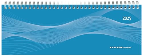 Zettler - Tisch-Querkalender 2025 blau, 29,7x10,5cm, Bürokalender mit 112 Seiten, Monatsübersicht, Notizbereich, Mondphasen, Jahresübersicht, Ringbindung und internationales Kalendarium
