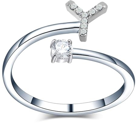Only faith Anillos de letras iniciales Brillantes Zirconia cúbica Incrustada con acero inoxidable ajustable, Anillos abiertos de letras para mujer, joyería de moda circonita (Y - PLATEADO)