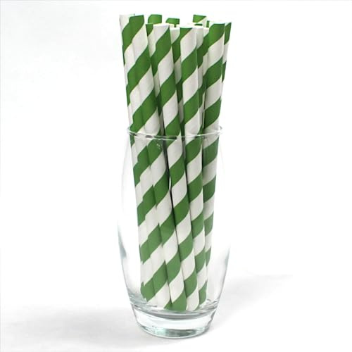 Green & White Striped Paper Straws 10mm x 200mm (8) - Pack Size 200 - Food Safe/PFAS Free/Biodegradable/Ideal for Milkshakes & Smoothies