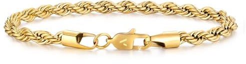 VEXXS Rope Chain Bracelet for Men,18K Real Gold Plated 5mm Men's Bracelet,Durable No Color Fading Cuban Link Bracelet Men’s Gold Rope Bracelet, Mens Jewelry Gift for Husband Boyfriend Dad Brother