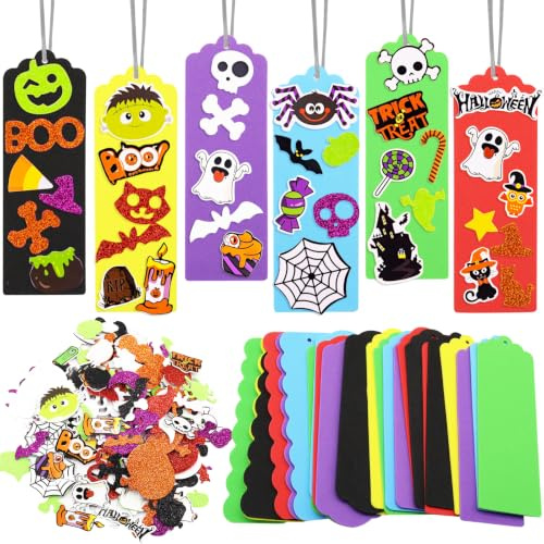 SOETDERT Halloween Basteln Kinder, 24 Stück Halloween Lesezeichen Bastelset | DIY Lesezeichen Basteln mit 200 Aufkleber, Lesezeichen Moosgummi Bastelset Kreative Halloween Kinder Geschenke