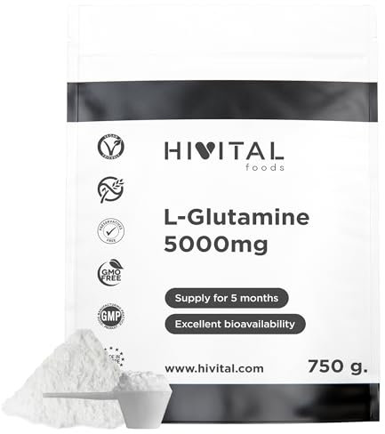 L-Glutammina 5000 mg per 5 mesi di trattamento. 750 grammi di Aminoacido Glutammina, 100% Vegano, in Polvere e Senza Sapore. Prodotto in Europa da HIVITAL