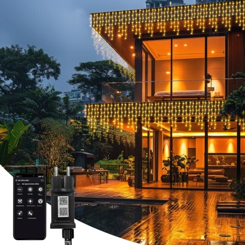 Eisregen Lichterkette mit App Steuerung, 10m 400er LED Lichterkettenvorhang mit musikalischem Rhythmus, IP44 wasserdicht 8 Modi für Schlafzimmer Hochzeit Weihnachten Party Halloween Garten Deko