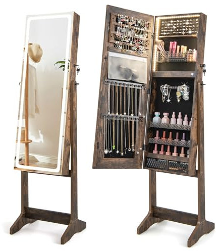 GOPLUS Schmuckschrank mit Spiegel, Spiegelschrank mit LED-Beleuchtung, Schmuckspiegel, Schmuck-Organizer abschließbar, Schmuckaufbewahrung für Schmuck & Kosmetika (Rustikales Braun)