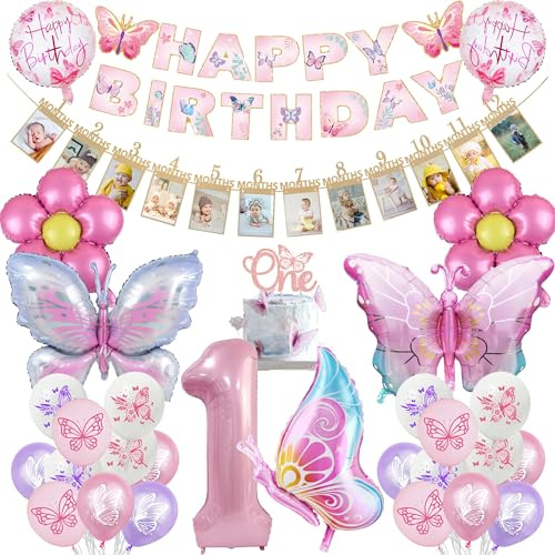 1 Geburtstag Mädchen Deko Luftballon - 31 Stück Happy Birthday Banner Fotorahmen Ziehfahne Zahl 1 Schmetterlinge Folienballon Cake Topper Für 1. Jahr Mädchen Geburtstagsdeko Kindergeburtstag Deko