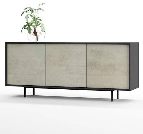 SIMPLYFURN Sideboard Akia Kommode, Anthrazit/Beton Oxid, 154x40x66 cm | Metallfüße, Push-to-Open, Lowboard für Wohnzimmer oder Flur, verstellbare Einlegeböden